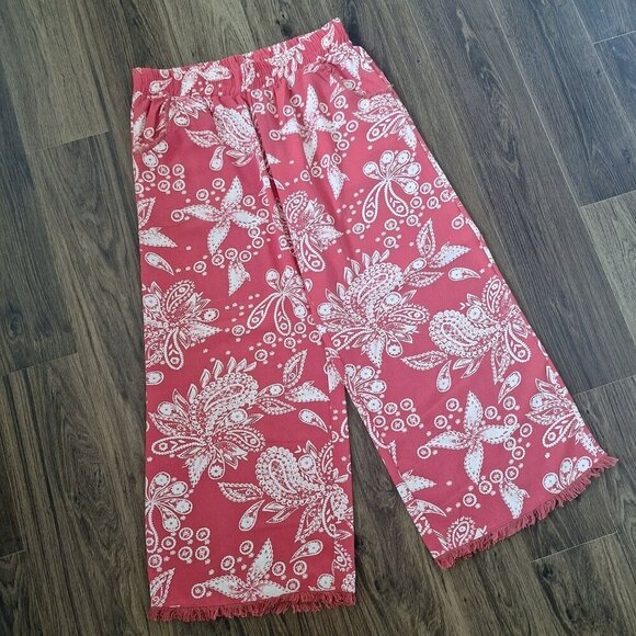 💙 Umgee Wide Leg Flowy Fringe Floral Linen Blend Size L/XL Boho Pants - Picture 2 of 8